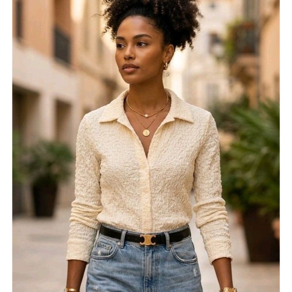 NWT LOFT Cream Puckered Knit Button Down Shirt L Textured Popcorn Blouse Cottage